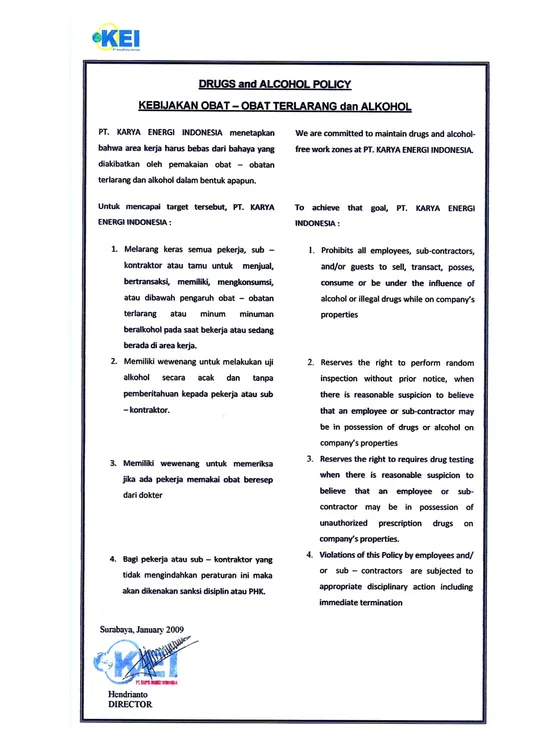 Drugs and alcohol policy of PT Karya Energi Indonesia, signed by the Director