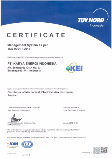 ISO 9001:2015 certificate issued to PT Karya Energi Indonesia by TÜV NORD Indonesia