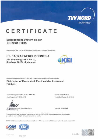 ISO 9001:2015 certificate issued to PT Karya Energi Indonesia by TÜV NORD Indonesia