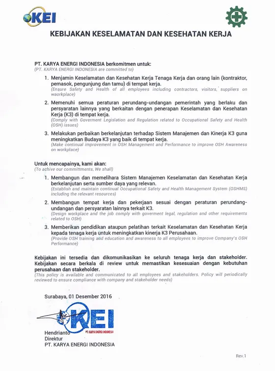 Occupational health and safety policy of PT Karya Energi Indonesia, signed by the Director