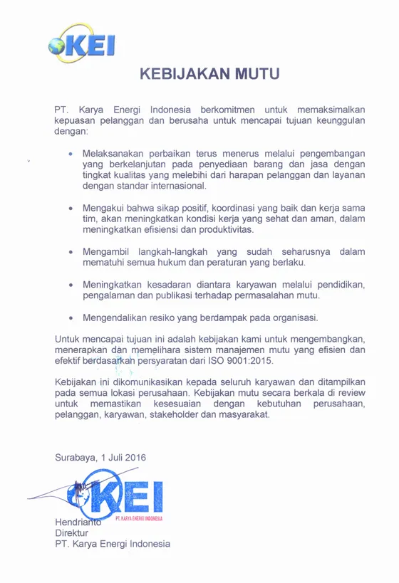 Quality policy document of PT Karya Energi Indonesia, signed by the Director