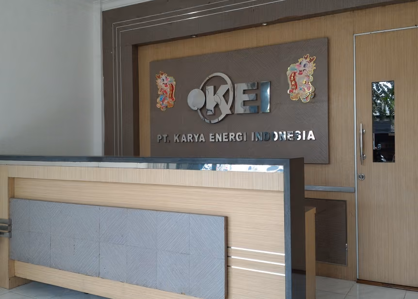 Reception area at the PT Karya Energi Indonesia head office in Surabaya, with the KEI sign on the wall