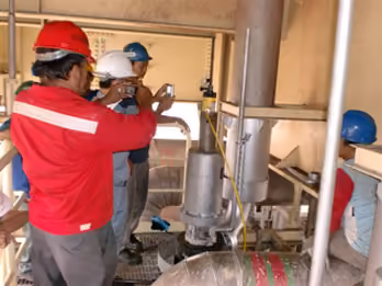 KEI crew carrying out a safety valve test on plant pipework