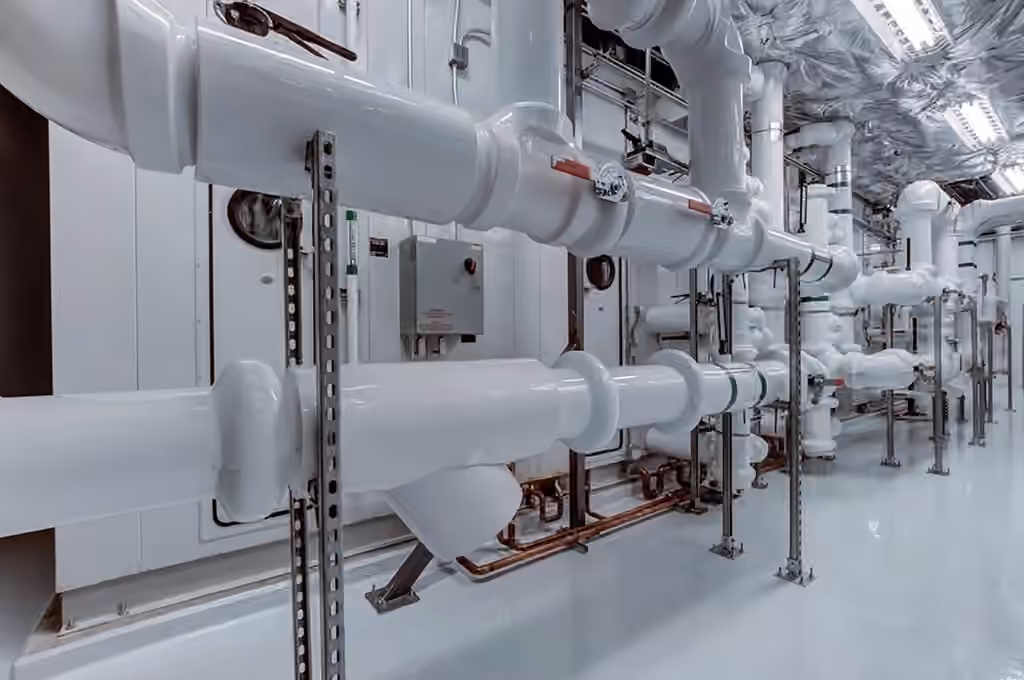 Insulated process pipework running through a plant interior